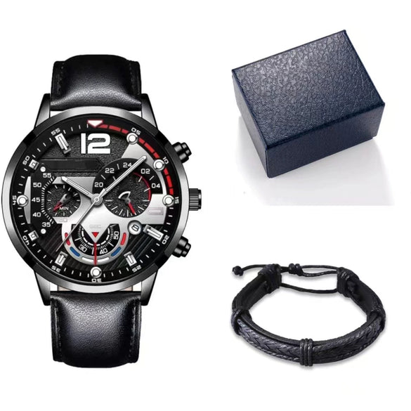 Men's Alloy Case Imitation Leather Strap Round Dial Quartz Business Watch With Luminous Pointer And Titanium Metal Clasp