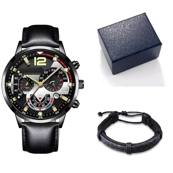 Men's Alloy Case Imitation Leather Strap Round Dial Quartz Business Watch With Luminous Pointer And Titanium Metal Clasp