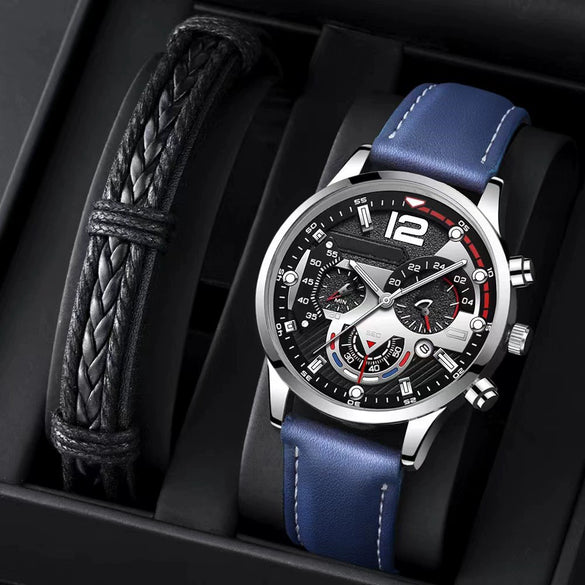Men's Alloy Case Imitation Leather Strap Round Dial Quartz Business Watch With Luminous Pointer And Titanium Metal Clasp