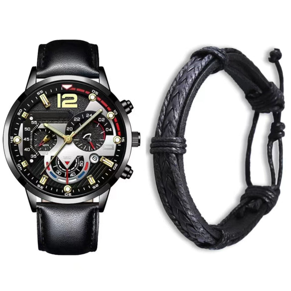 Men's Alloy Case Imitation Leather Strap Round Dial Quartz Business Watch With Luminous Pointer And Titanium Metal Clasp