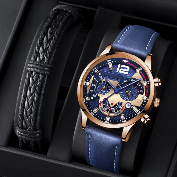 Men's Alloy Case Imitation Leather Strap Round Dial Quartz Business Watch With Luminous Pointer And Titanium Metal Clasp