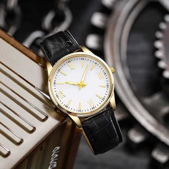 Men's Alloy Case Imitation Leather Strap Round Dial Quartz Watch With Sapphire Crystal Glass Mirror For Business