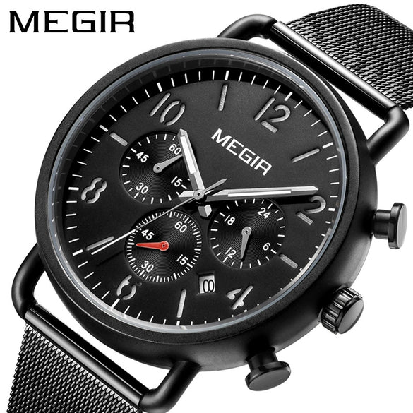 Men's Alloy Case Leather And Stainless Steel Strap Round Dial Quartz Sports Chronograph Calendar Watch With Printed Logo
