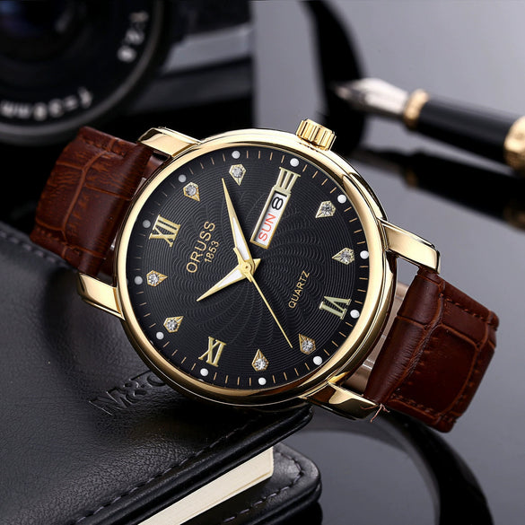 Men's Alloy Case Pu Strap Sports Style Waterproof Luminous Round Dial Mineral Reinforced Glass Mirror Watch