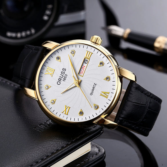 Men's Alloy Case Pu Strap Sports Style Waterproof Luminous Round Dial Mineral Reinforced Glass Mirror Watch