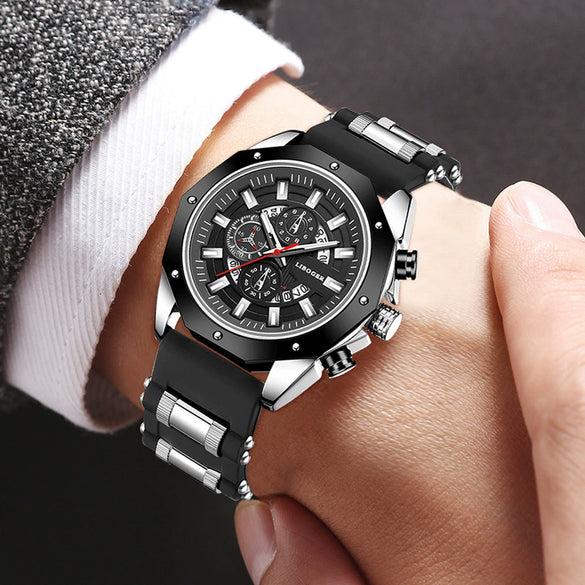 Men's Alloy Case Silicone Band Round Dial Leisure Multifunction Quartz Sports Watch