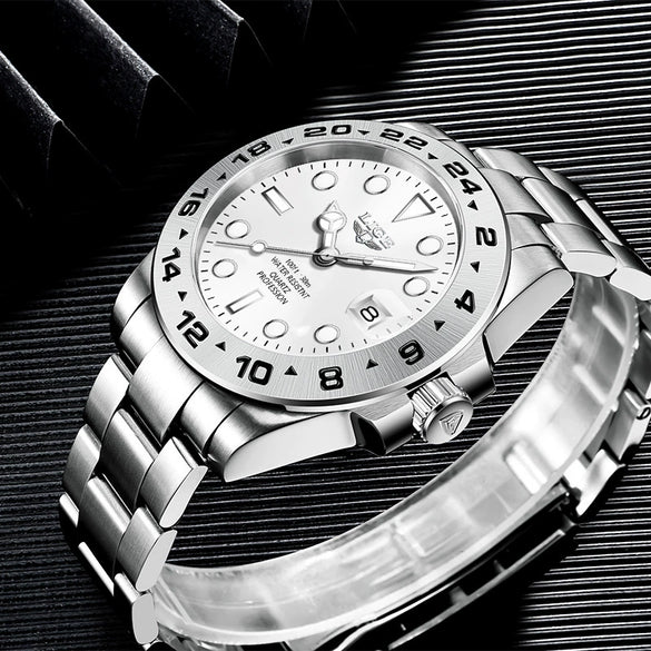 Men's Alloy Case Stainless Steel Band Quartz Waterproof Business Style Round Dial Luminous Calendar Watch