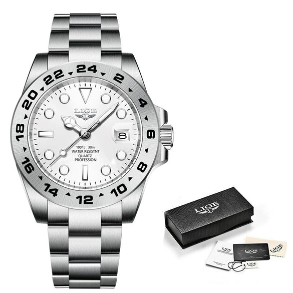 Men's Alloy Case Stainless Steel Band Quartz Waterproof Business Style Round Dial Luminous Calendar Watch