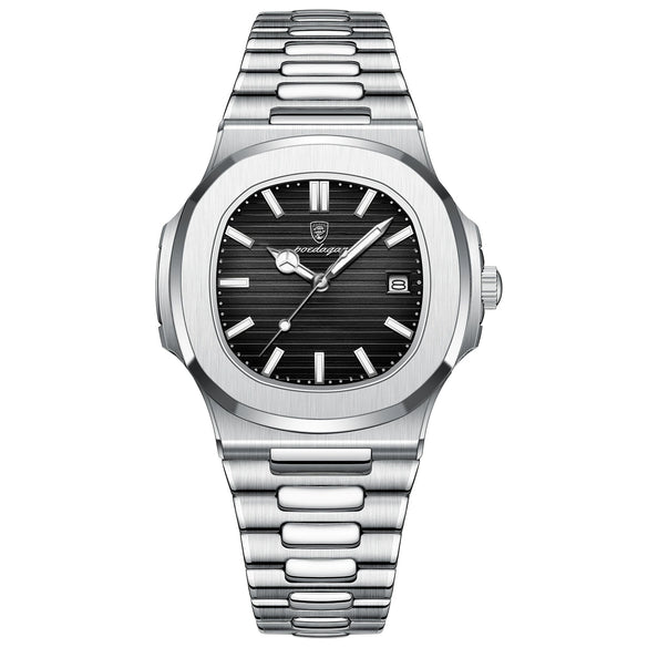 Men's Alloy Case Stainless Steel Band Square Dial Business Waterproof Luminous Quartz Watch