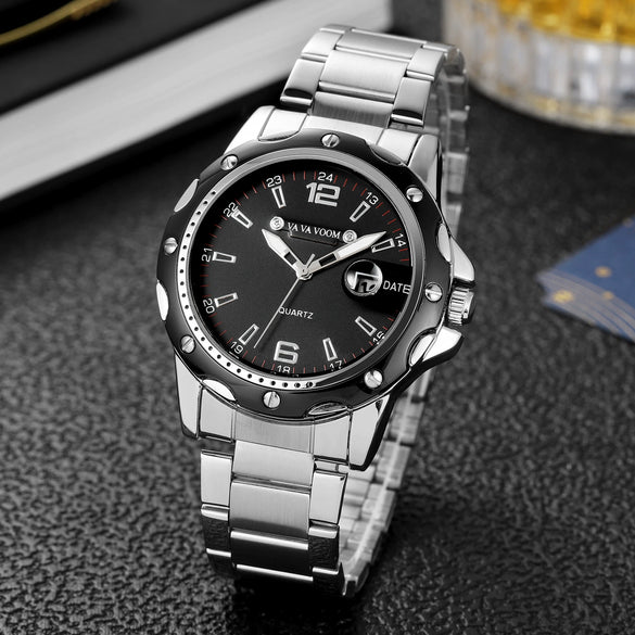Men's Alloy Case Stainless Steel Belt Quartz Sports Watch With Magnifier Calendar Luminous Feature And Mineral Strengthened Glass Mirror