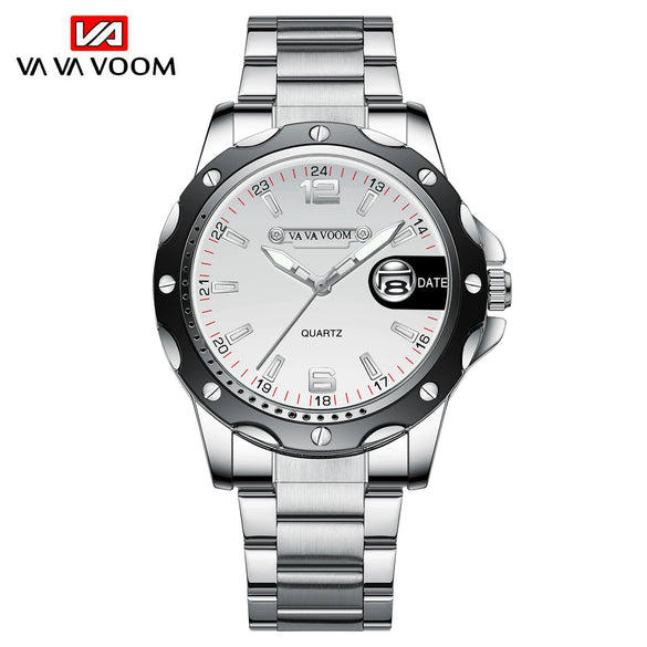 Men's Alloy Case Stainless Steel Belt Quartz Sports Watch With Magnifier Calendar Luminous Feature And Mineral Strengthened Glass Mirror