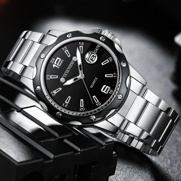 Men's Alloy Case Stainless Steel Belt Quartz Sports Watch With Magnifier Calendar Luminous Feature And Mineral Strengthened Glass Mirror
