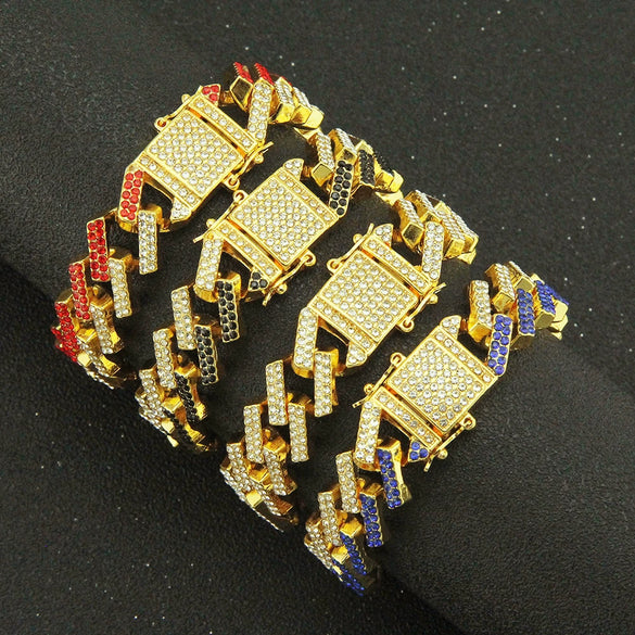 Men's Alloy Cuban Chain Bracelet With Diamond And Geometric Design Hiphop Style Magnet Buckle