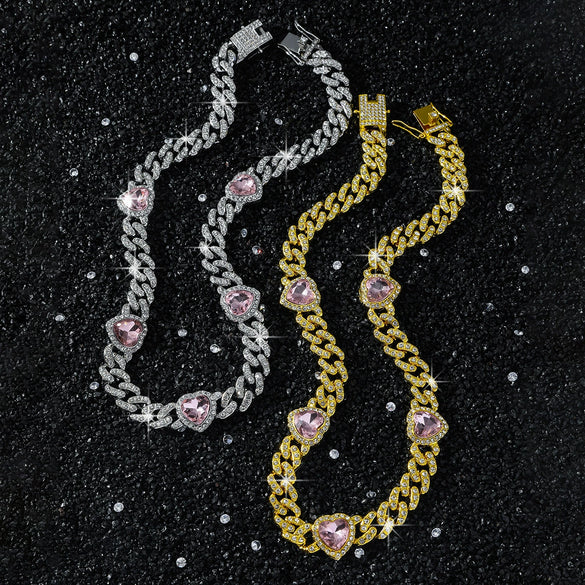 Men's Alloy Diamond Geometric Heart Stitching Cuban Chain Hip Hop Necklace