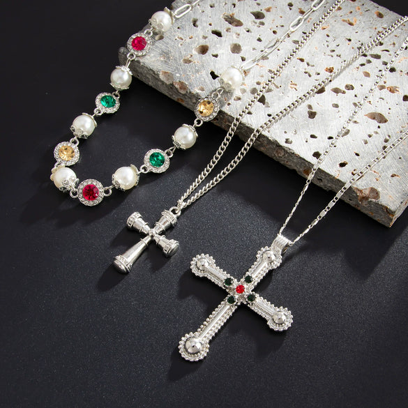 Men's Alloy Geometric Cross Handmade Diamond Pearl Clavicle Chain Jewelry