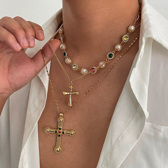 Men's Alloy Geometric Cross Handmade Diamond Pearl Clavicle Chain Jewelry