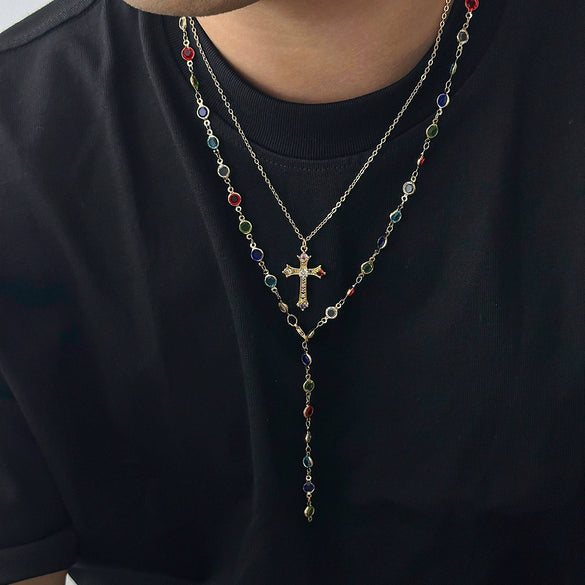Men's Alloy Geometric Handmade Crystal Cross Pendant Necklace