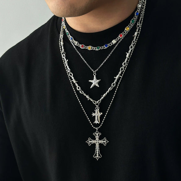 Men's Alloy Handmade Geometric Cross And Fivepointed Star Pendant Necklace