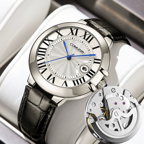Men's Alloy Hollow Fake Mechanical Business Style Round Dial Luminous Calendar Waterproof Watch With Onion Crown Transparent Bottom And Mineral Reinforced Glass Mirror