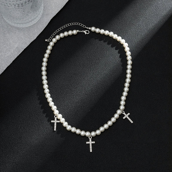 Men's Alloy Imitation Pearl Cross Diamondencrusted Hiphop Necklace