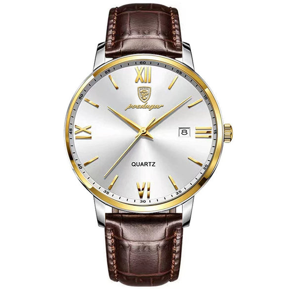 Men's Alloy Leather Business Round Dial Waterproof Quartz Watch
