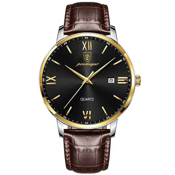Men's Alloy Leather Business Round Dial Waterproof Quartz Watch