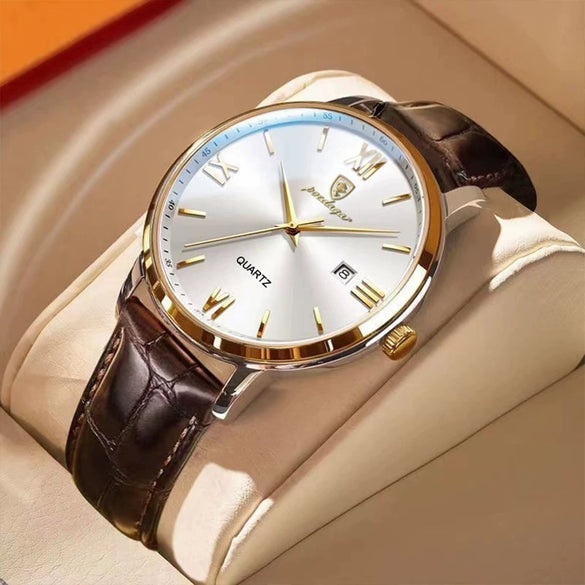 Men's Alloy Leather Business Round Dial Waterproof Quartz Watch