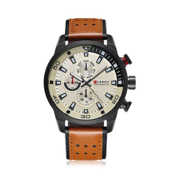 Men's Alloy Leather Quartz Sports Casual Watch With Round Dial Titanium Metal Clasp And Quartz Glass Mirror