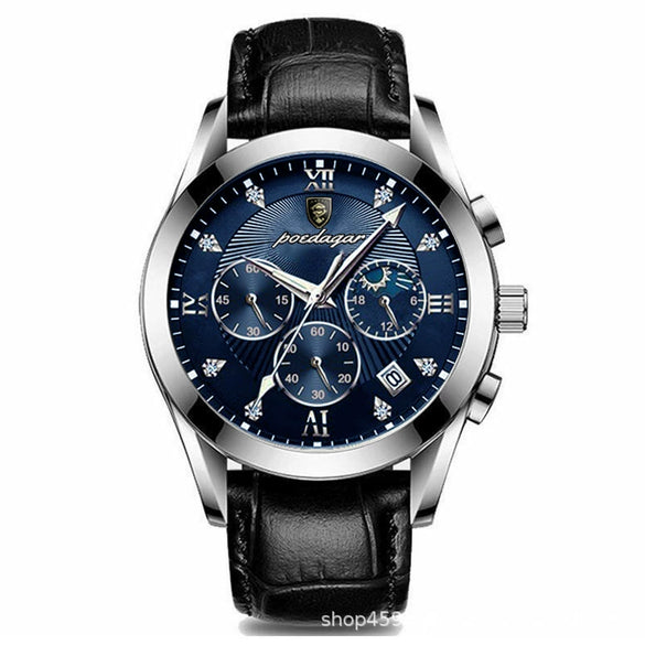 Men's Alloy Leather Quartz Watch With Sapphire Crystal Glass Mirror Round Dial Waterproof Luminous