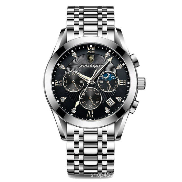 Men's Alloy Leather Quartz Watch With Sapphire Crystal Glass Mirror Round Dial Waterproof Luminous