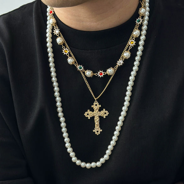 Men's Alloy Pearl Chain Overlapping Cross Geometric Handmade Necklace