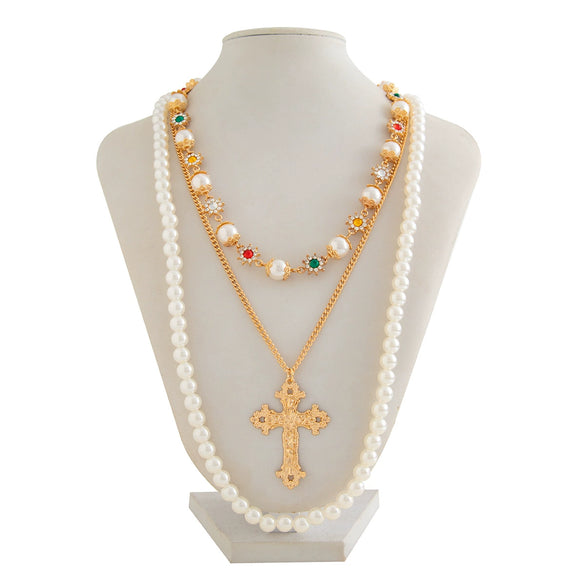 Men's Alloy Pearl Chain Overlapping Cross Geometric Handmade Necklace