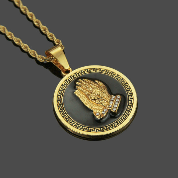 Men's Alloy Pendant Necklace With Praying Hands Pattern And Diamond Design