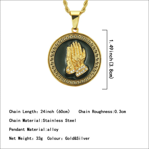 Men's Alloy Pendant Necklace With Praying Hands Pattern And Diamond Design