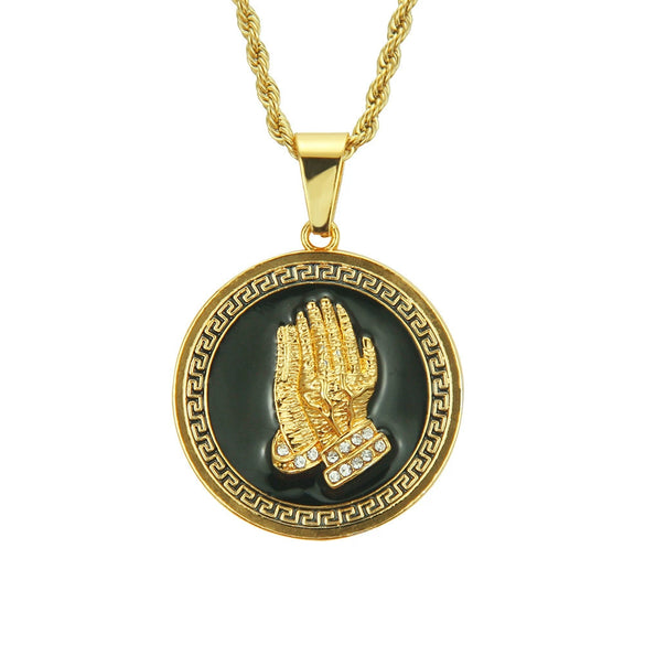 Men's Alloy Pendant Necklace With Praying Hands Pattern And Diamond Design