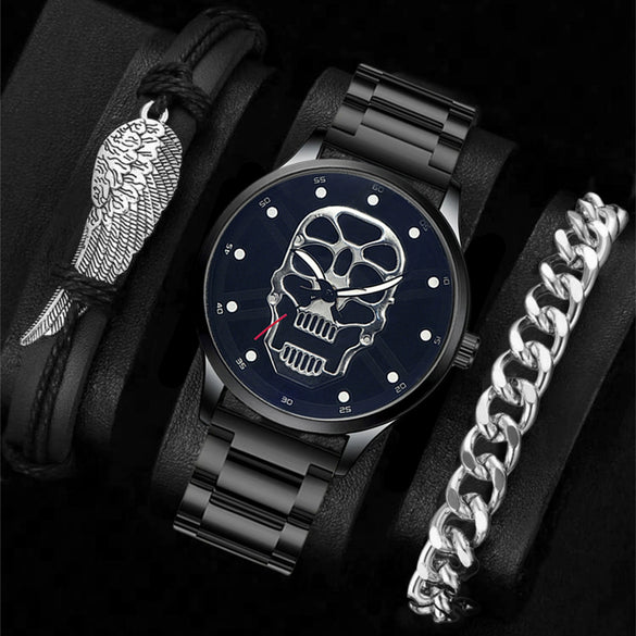 Men's Alloy Pu Strap Round Dial Skull Head Business Style Wrist Watch