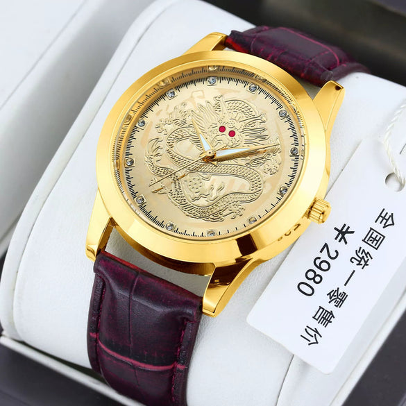 Men's Alloy Quartz Watch With Dragon Design Waterproof Mineral Strengthened Glass Mirror Single Folding Buckle Fashion Style