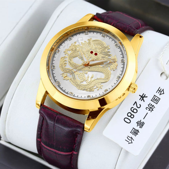 Men's Alloy Quartz Watch With Dragon Design Waterproof Mineral Strengthened Glass Mirror Single Folding Buckle Fashion Style