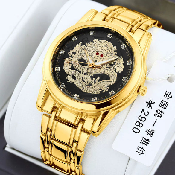 Men's Alloy Quartz Watch With Dragon Design Waterproof Mineral Strengthened Glass Mirror Single Folding Buckle Fashion Style