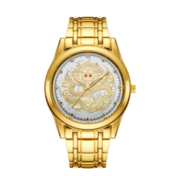 Men's Alloy Quartz Watch With Dragon Design Waterproof Mineral Strengthened Glass Mirror Single Folding Buckle Fashion Style