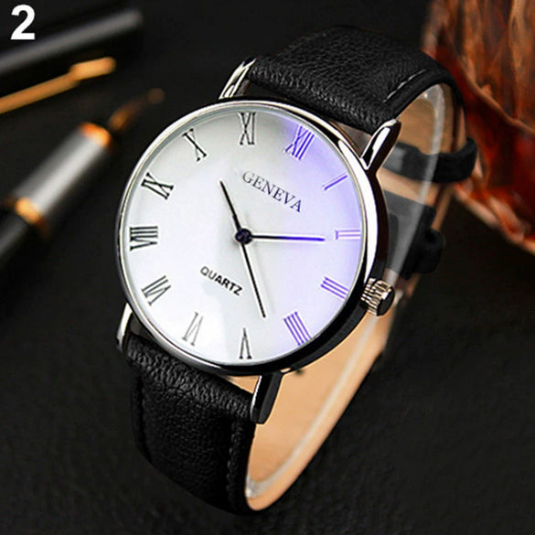 Men's Alloy Shell Casual Watch With Roman Lettering And Blue Light Round Dial