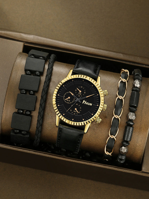 Men's Alloy Sports Watch With Round Dial Beaded Woven Bracelet And Stainless Steel Clasp