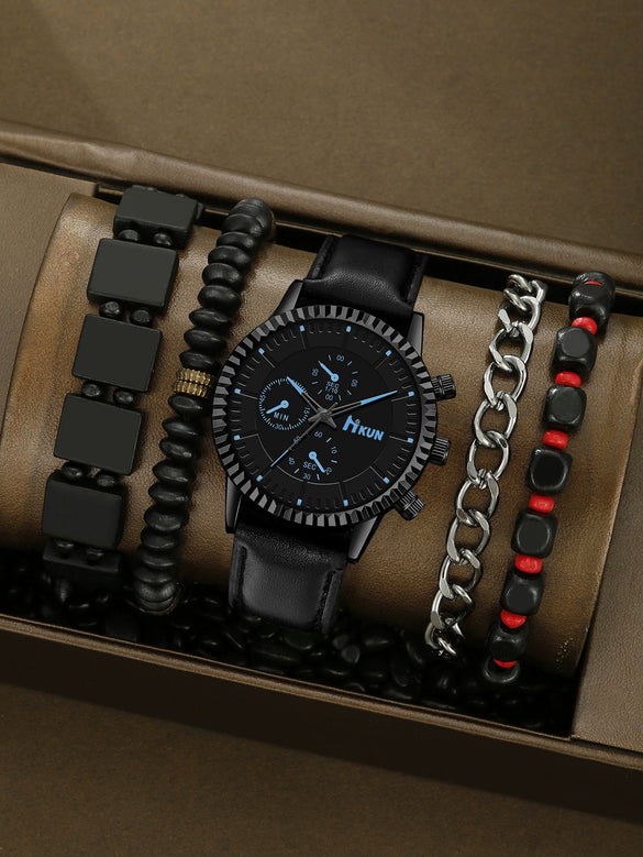 Men's Alloy Sports Watch With Round Dial Beaded Woven Bracelet And Stainless Steel Clasp