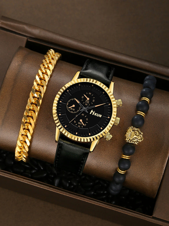 Men's Alloy Sports Watch With Round Dial Beaded Woven Bracelet And Stainless Steel Clasp