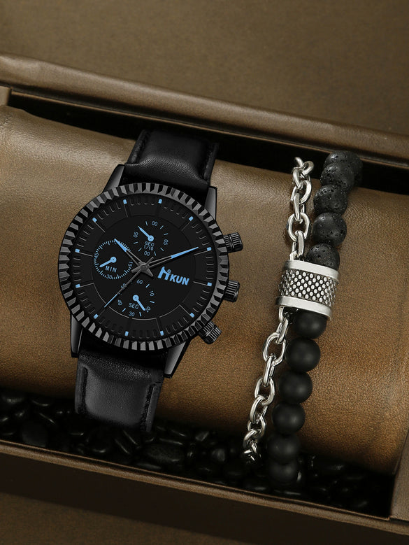 Men's Alloy Sports Watch With Round Dial Beaded Woven Bracelet And Stainless Steel Clasp