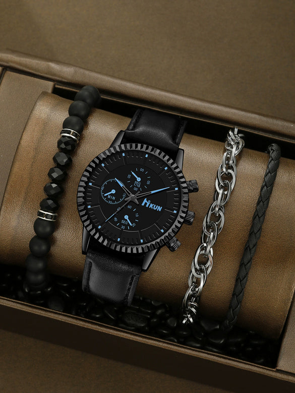 Men's Alloy Sports Watch With Round Dial Beaded Woven Bracelet And Stainless Steel Clasp