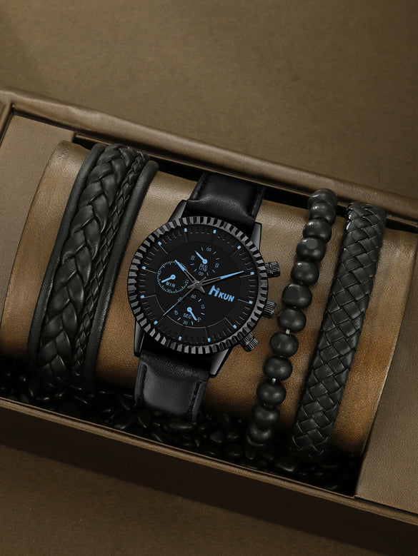 Men's Alloy Sports Watch With Round Dial Beaded Woven Bracelet And Stainless Steel Clasp