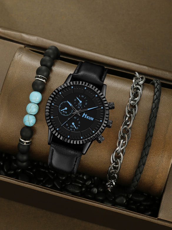 Men's Alloy Sports Watch With Round Dial Beaded Woven Bracelet And Stainless Steel Clasp