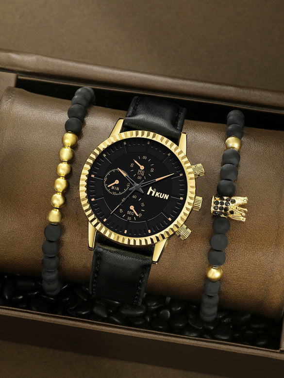 Men's Alloy Sports Watch With Round Dial Beaded Woven Bracelet And Stainless Steel Clasp