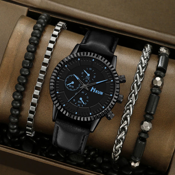 Men's Alloy Sports Watch With Round Dial Beaded Woven Bracelet And Stainless Steel Clasp